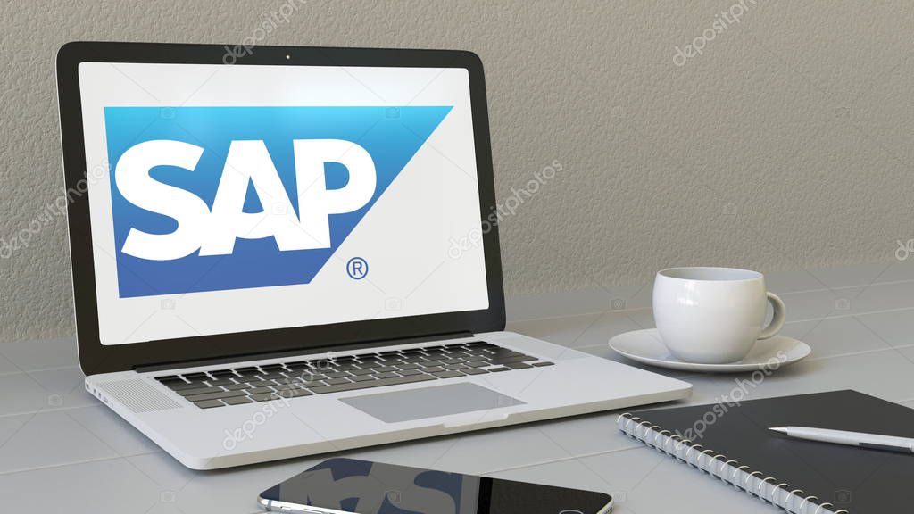 Laptop with SAP SE logo on the screen. Modern workplace conceptual editorial 4K animation