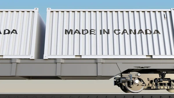 Грузовой поезд и контейнеры с надписью MADE IN CANADA. Железнодорожный транспорт. 3D рендеринг — стоковое фото