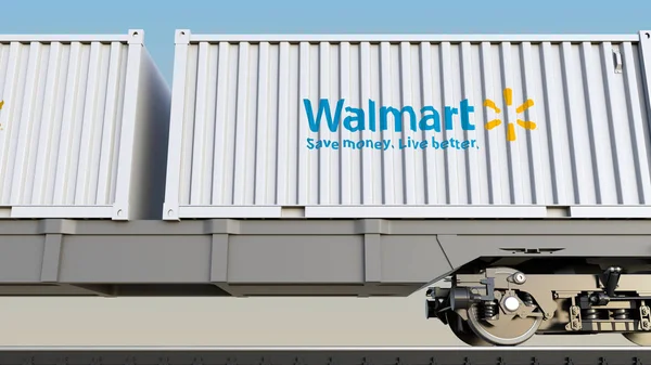 Walmart logosu ile konteynerlerin demiryolu taşımacılığı. Editoryal 3d render — Stok fotoğraf