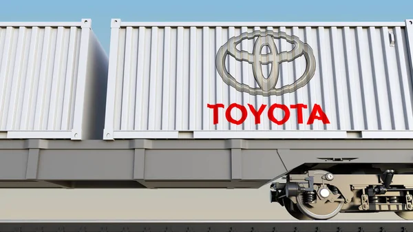 Eisenbahntransport von Containern mit Toyota-Logo. redaktionelles 3D-Rendering — Stockfoto