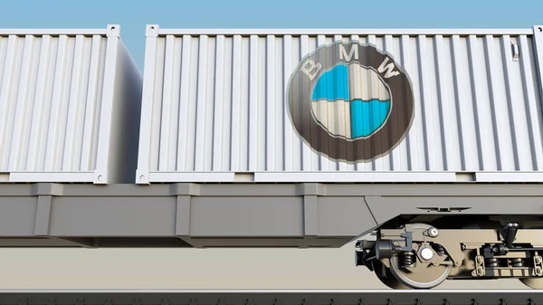 Bmw logo ile konteynerlerin demiryolu taşımacılığı. Editoryal 3d render — Stok fotoğraf