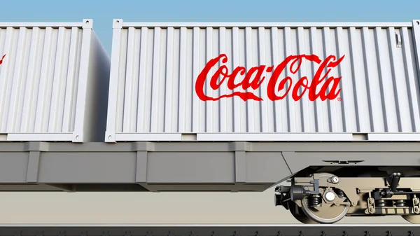 Coca Cola logosu ile konteynerlerin demiryolu taşımacılığı. Editoryal 3d render — Stok fotoğraf