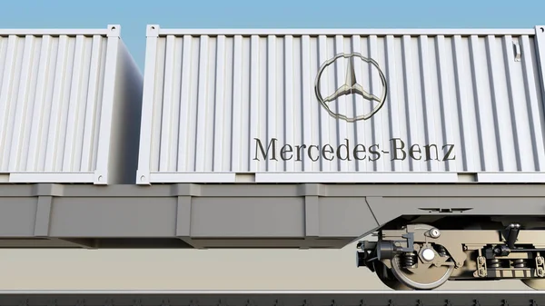 Mercedes-Benz logosu ile konteynerlerin demiryolu taşımacılığı. Editoryal 3d render — Stok fotoğraf