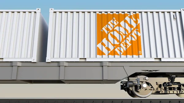 Σιδηροδρομικές μεταφορές εμπορευματοκιβωτίων με λογότυπο η Home Depot. Συντακτική 3d rendering — Φωτογραφία Αρχείου
