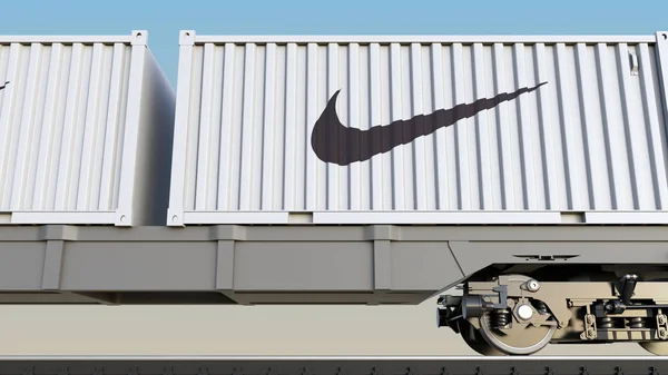 Nike yazıt ve logosu ile konteynerlerin demiryolu taşımacılığı. Editoryal 3d render — Stok fotoğraf
