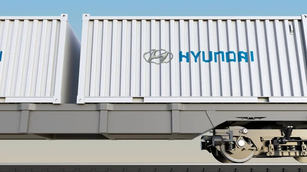 Kolejowy transport kontenerów z logo Hyundai Motor Company. Redakcji renderowania 3d — Zdjęcie stockowe