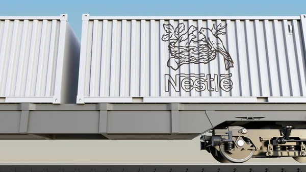 铁路运输集装箱与雀巢公司的标志。编辑 3d 渲染 — 图库照片