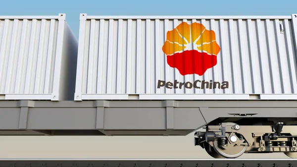 Железнодорожные перевозки контейнеров с логотипом PetroChina. Редакционная 3D рендеринг — стоковое фото
