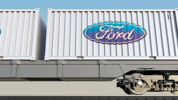 Ford Motor Company logosu ile konteynerlerin demiryolu taşımacılığı. Editoryal 3d render — Stok fotoğraf