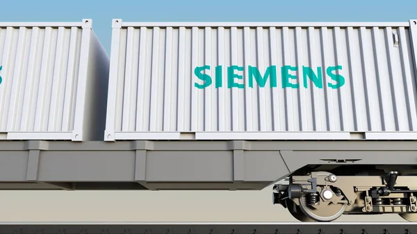 Siemens logo ile konteynerlerin demiryolu taşımacılığı. Editoryal 3d render — Stok fotoğraf