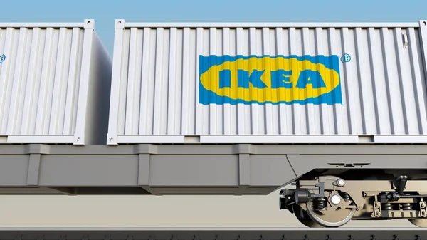 IKEA logosu ile konteynerlerin demiryolu taşımacılığı. Editoryal 3d render — Stok fotoğraf