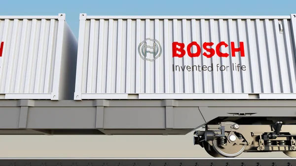 Eisenbahntransport von Containern mit dem Logo der robert bosch gmbh. redaktionelles 3D-Rendering — Stockfoto