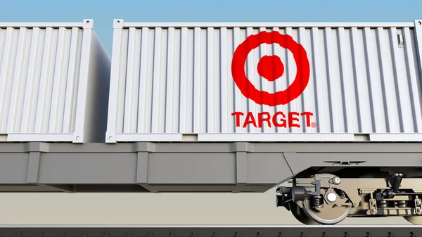 Target Corporation logosu ile konteynerlerin demiryolu taşımacılığı. Editoryal 3d render — Stok fotoğraf