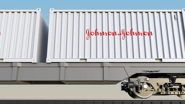 Demiryolu Taşımacılığı Johnsons logosu ile konteynerlerin. Editoryal 3d render — Stok fotoğraf