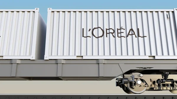 Loreal logosu ile konteynerlerin demiryolu taşımacılığı. Editoryal 3d render — Stok fotoğraf