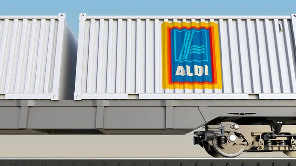 Demiryolu Taşımacılığı Aldi logosu ile konteynerlerin. Editoryal 3d render — Stok fotoğraf