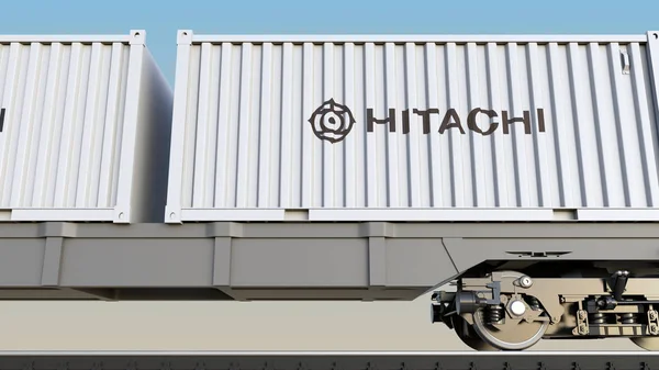Hitachi logosu ile konteynerlerin demiryolu taşımacılığı. Editoryal 3d render — Stok fotoğraf