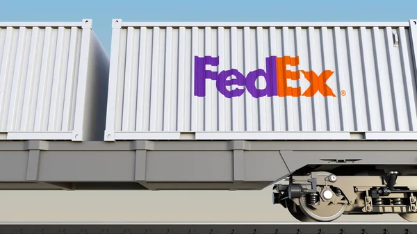 Железнодорожные перевозки контейнеров с логотипом FedEx. Редакционная 3D рендеринг — стоковое фото