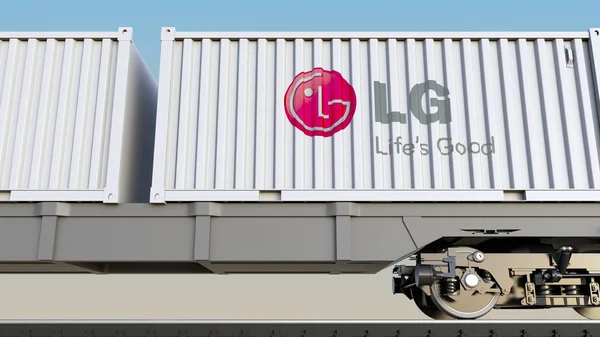 Lg şirket logosu ile konteynerlerin demiryolu taşımacılığı. Editoryal 3d render — Stok fotoğraf