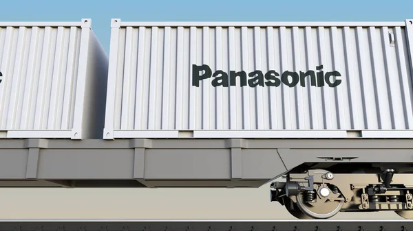 Panasonic şirket logosu ile konteynerlerin demiryolu taşımacılığı. Editoryal 3d render — Stok fotoğraf