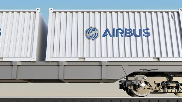 Airbus logosu ile konteynerlerin demiryolu taşımacılığı. Editoryal 3d render — Stok fotoğraf