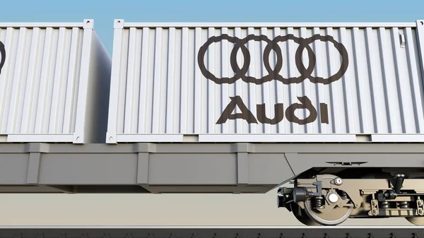 Audi logosu ile konteynerlerin demiryolu taşımacılığı. Editoryal 3d render — Stok fotoğraf