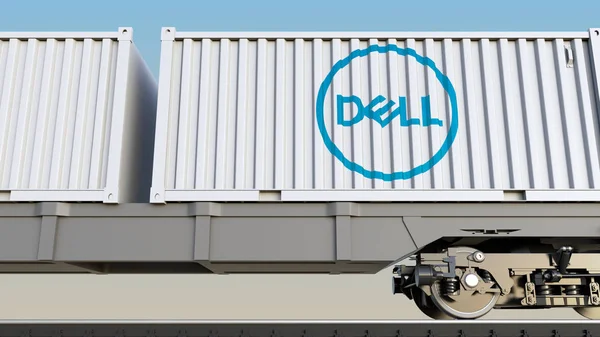 Dell Inc.'in logosu ile konteynerlerin demiryolu taşımacılığı. Editoryal 3d render — Stok fotoğraf