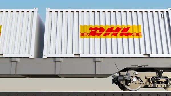 Dhl Express logosu ile konteynerlerin demiryolu taşımacılığı. Editoryal 3d render — Stok fotoğraf