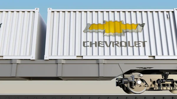 Kolejowy transport kontenerów z logo Chevroleta. Redakcji renderowania 3d — Zdjęcie stockowe