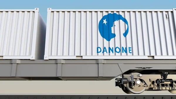 Kolejowy transport kontenerów z Danone logo. Redakcji renderowania 3d — Zdjęcie stockowe