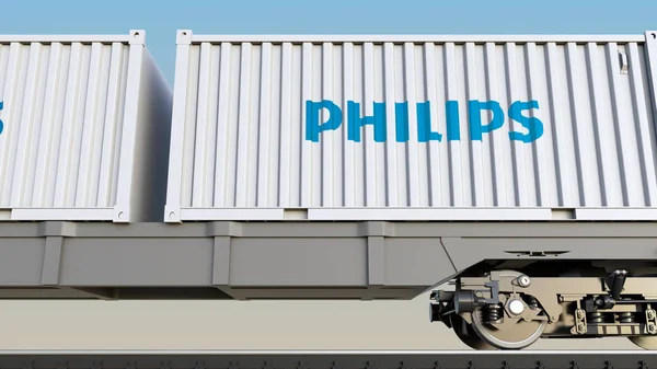 Philips logosu ile konteynerlerin demiryolu taşımacılığı. Editoryal 3d render — Stok fotoğraf