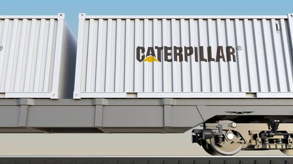 Caterpillar Inc. logosu ile konteynerlerin demiryolu taşımacılığı. Editoryal 3d render — Stok fotoğraf