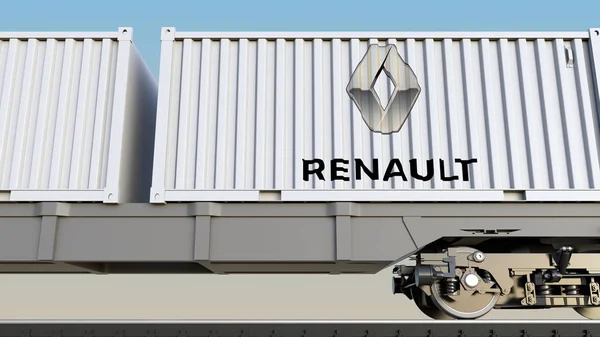 Groupe Renault logosu ile konteynerlerin demiryolu taşımacılığı. Editoryal 3d render — Stok fotoğraf