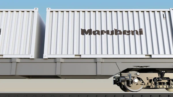 Kolejowy transport kontenerów z logo Marubeni Corporation. Redakcji renderowania 3d — Zdjęcie stockowe