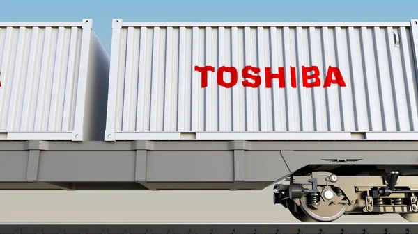 Kolejowy transport kontenerów z logo Toshiba Corporation. Redakcji renderowania 3d — Zdjęcie stockowe