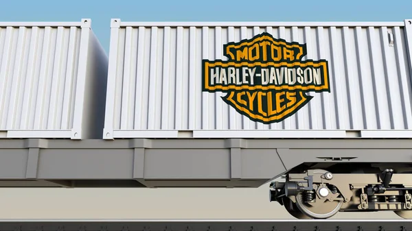 Harley-Davidson, Inc logosu ile konteynerlerin demiryolu taşımacılığı. Editoryal 3d render — Stok fotoğraf
