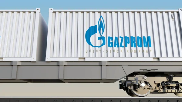 Kolejowy transport kontenerów z Gazprom logo. Redakcji renderowania 3d — Zdjęcie stockowe