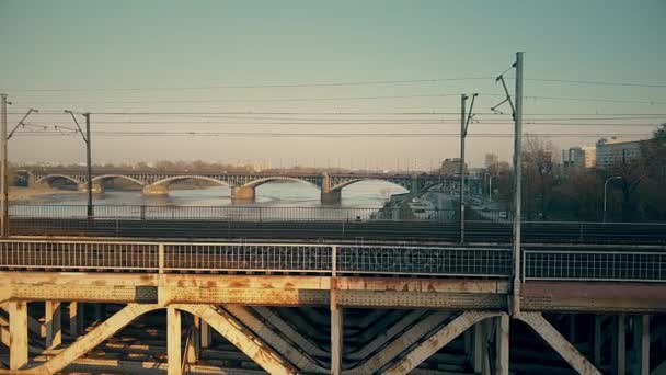 Aerial shot of old steel railway bridge across the river. 4K video — Stock Video