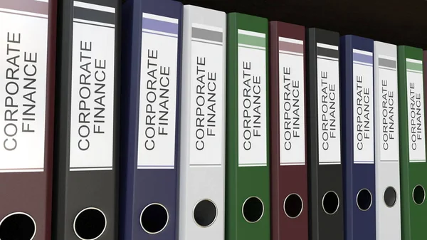 Linha de aglutinantes de escritório multicolor com etiquetas de financiamento corporativo 3D renderização — Fotografia de Stock