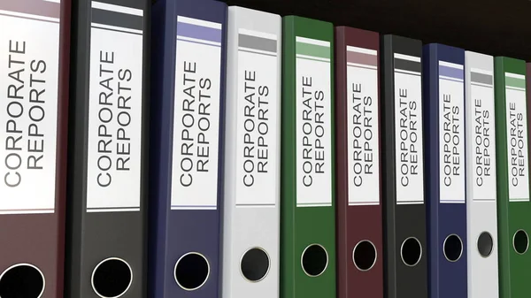 Linha de aglutinantes de escritório multicoloridos com relatórios corporativos tags 3D renderização — Fotografia de Stock