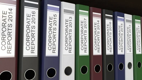 Linha de aglutinantes de escritório multicolor com relatórios corporativos tags diferentes anos de renderização 3D — Fotografia de Stock