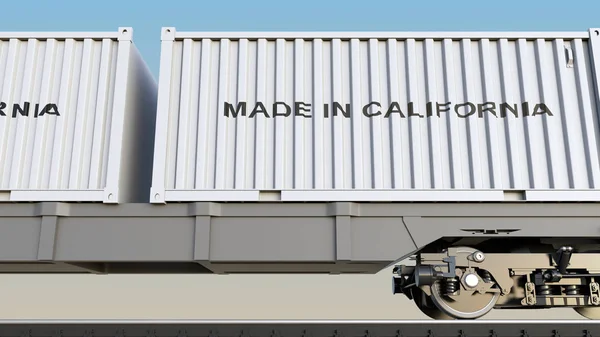 Грузовой поезд и контейнеры с надписью MADE IN CALIFORNIA. Железнодорожный транспорт. 3D рендеринг — стоковое фото