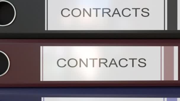 Pilha vertical de aglutinantes de escritório multicoloridos com etiquetas de contratos — Vídeo de Stock