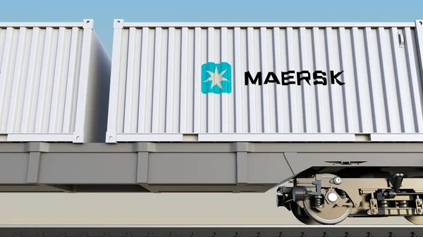 Eisenbahntransport von Containern mit Maersk-Logo. redaktionelles 3D-Rendering — Stockfoto