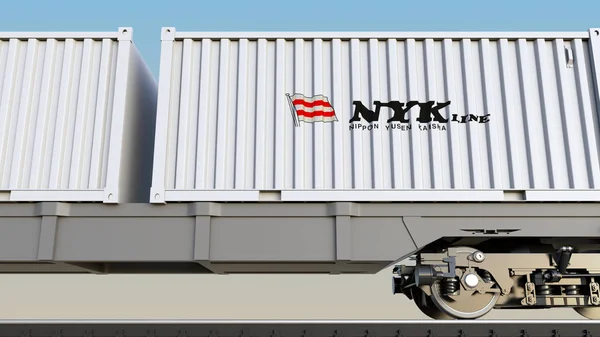 Nippon Yusen logosu ile konteynerlerin demiryolu taşımacılığı. Editoryal 3d render — Stok fotoğraf
