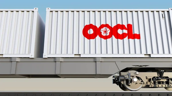 Orient Overseas konteyner çizgi Oocl logosu ile konteynerlerin demiryolu taşımacılığı. Editoryal 3d render — Stok fotoğraf