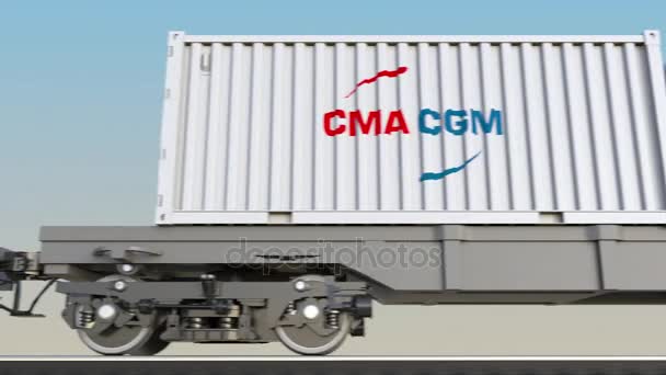 Trasporto ferroviario di container con logo CMA CGM. Rendering 3D editoriale clip 4K — Video Stock