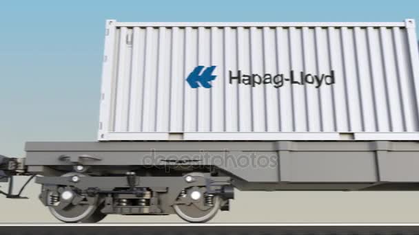 Kereta api transportasi kontainer dengan logo Hapag-Lloyd. Penyuntingan 3D rendering klip 4K — Stok Video