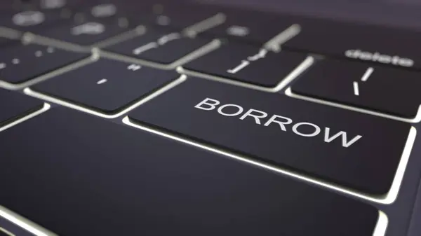 Black luminous computer keyboard and borrow key. Conceptual 3D rendering — Stock Photo, Image