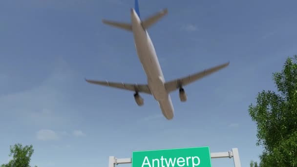 Airplane arriving to Antwerp airport. Travelling to Belgium conceptual 4K animation — Stock Video